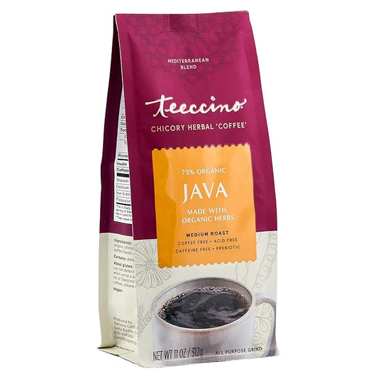 Teeccino Java Chicory Coffee Alternative - 11 Ounce - Ground Herbal Coffee That’s Prebiotic, Caffeine Free & Acid Free, Medium Roast