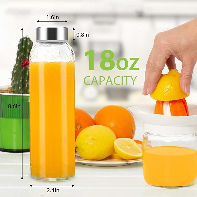 18 oz Clear Glass Water Bottles with Lids, Reusable Glass Juice Bottles with Stainless Steel Cap for Juicing, Refrigerator,100% Leak Proof, BPA Free, Set of 24