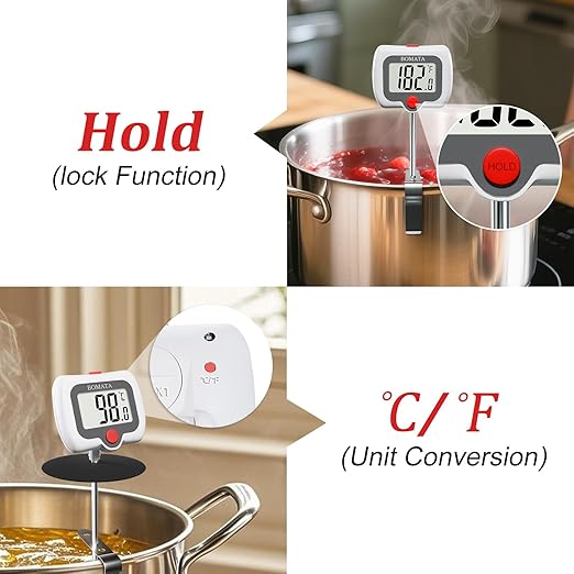 BOMATA Candy Thermometer with Pot Clip, Instant Read Cooking Thermometer with 8" Long Probe, Rotating Display, for Candy Making, Food, Candle Making, Liquids, Water, Baking, Sugar, Grilling. White