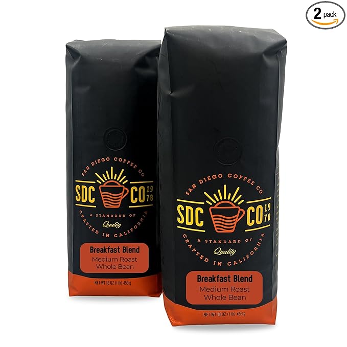 San Diego Coffee Breakfast Blend, Medium Roast, Whole Bean Coffee, 16-Ounce Bags (Pack of 2) Café en grano tostado