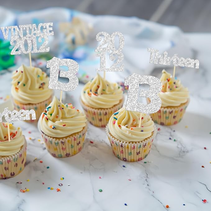 Gyufise 24Pcs 13th Birthday Cupcake Toppers Glitter Thirteen Vintage 2012 Hello 13 Years Birthday Cupcake Picks Official Teenager 13 Cake Decorations for Happy 13th Anniversary Party Silver