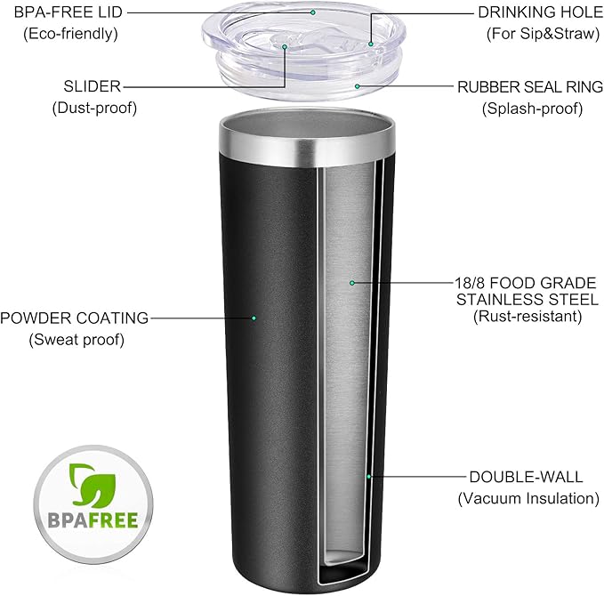 VEGOND Stainless Steel Tumblers Bulk 12 Pack, 20 oz Vacuum Insulated Skinny Tumblers with Lids and Straws, Double Wall Coffee Mug, Travel Water Cup, Black