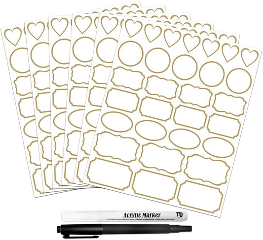 Clear Labels for Jars 180pcs Waterproof Removable Transparent Write-on Label Stickers with Gold Border,Great for Food Container Spice Bottle Condiment Flour Sugar Canisters Storage Bins,Free 2 Markers