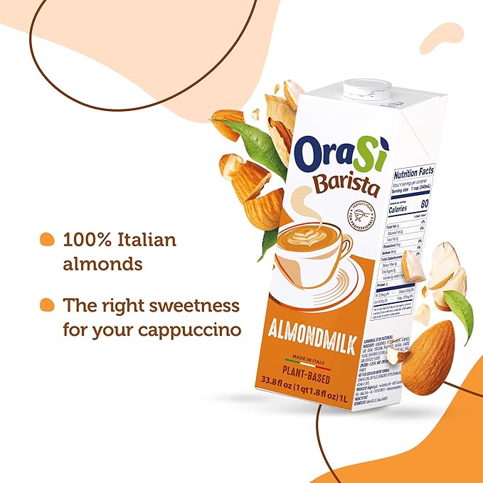 OraSì Almond Milk Sugar Free | 100% Italian Plant-Based Dairy-Free Drink | Unsweetened Non-GMO Gluten-Free Vegan Milk Alternative | Good Source of Calcium & Vitamins | 1 L (33.8 fl oz) Carton