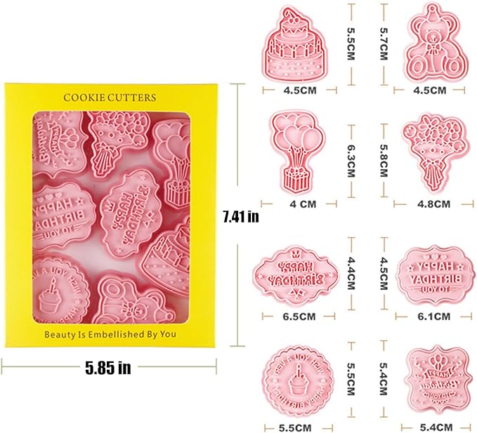 8PCS Happy Birthday Cookie Cutter Sets 3D Plastic Cookie Cutters with Plunger Stamps Pressable Biscuit Mold Cookie Molds Cake Baking Fondant Cutter Birthday Party DIY Cookie Decorating Supplies(C)