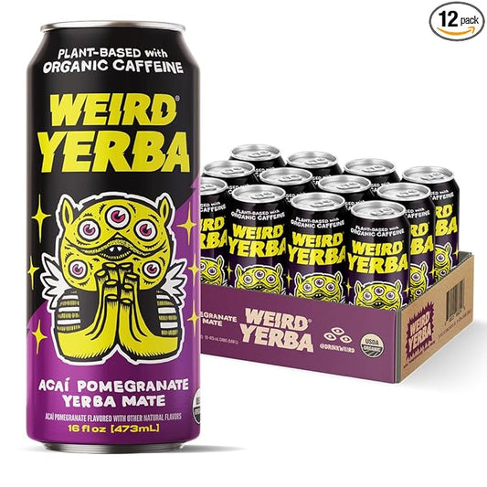 Drink Weird Organic Acai Pomegranate Yerba Mate – 16oz Cans, 160mg Organic Caffeine, Pack of 12 – Antioxidant-Rich Energy Drink Alternative