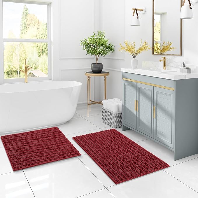 Arotive Luxury Chenille Bathroom Rug Mat, Extra Soft Thick Absorbent Shaggy Bath Rugs, Non-Slip Machine Wash Dry, Plush Bath Mats for Bathroom, Shower and Tub, 60x24, Red