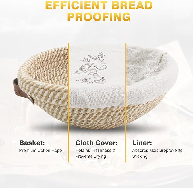 Banneton Bread Proofing Basket Set of 2, 10 Inch Round 11Inch Oval Cotton Rope Sourdough Bread Baking Supplies Proofing Bowls with Liners & Covers Gifts for Bakers Women Wife Mom