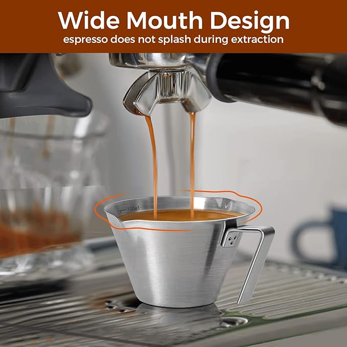 2 Pcs Espresso Cups with Handle, Stainless Steel Espresso Accessories, Double Spout Metal Measuring Cup with Dual Scale, Espresso Shot Cup with V-Shaped Mouth, 3.4OZ/100ML(White)