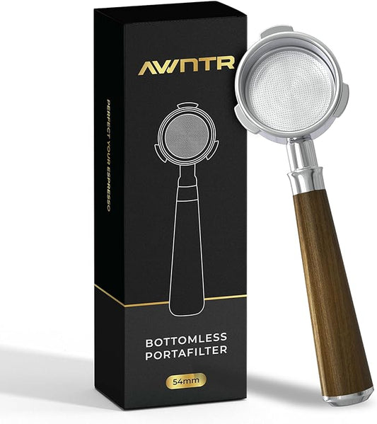 Bottomless Portafilter 54mm - Stainless Steel Filter Basket and Ergonomic Mahogany Wood Handle - Compatible with Breville 54mm Bottomless Portafilter Coffee Machine Models