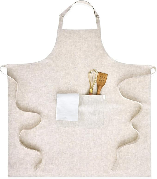 Solino Home 100% Pure Linen Apron for Women & Men - Light Natural Stripe Full Midi Bib Apron, Adjustable Neck Strap with Center Pockets for Kitchen, Chef - Handcrafted from European Flax