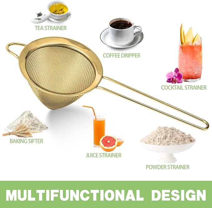 2 Pack Stainless Steel Small Food Strainer, Fine Mesh Sieve with Long Handle, Cocktail Strainer For Cocktails, Tea Herbs, Coffee & Drinks, Rust Proof & Great as Tea Strainer, 3.5inch