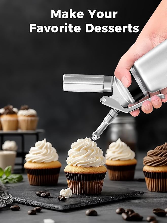 Whipped Cream Dispenser, Aluminum Cream Whipper 500mL/1 Pint,3 Stainless Decorating Nozzles,1 Brush,1Storage Bag,Homemade Cream Maker,N2O Chargers Not Included,Silver
