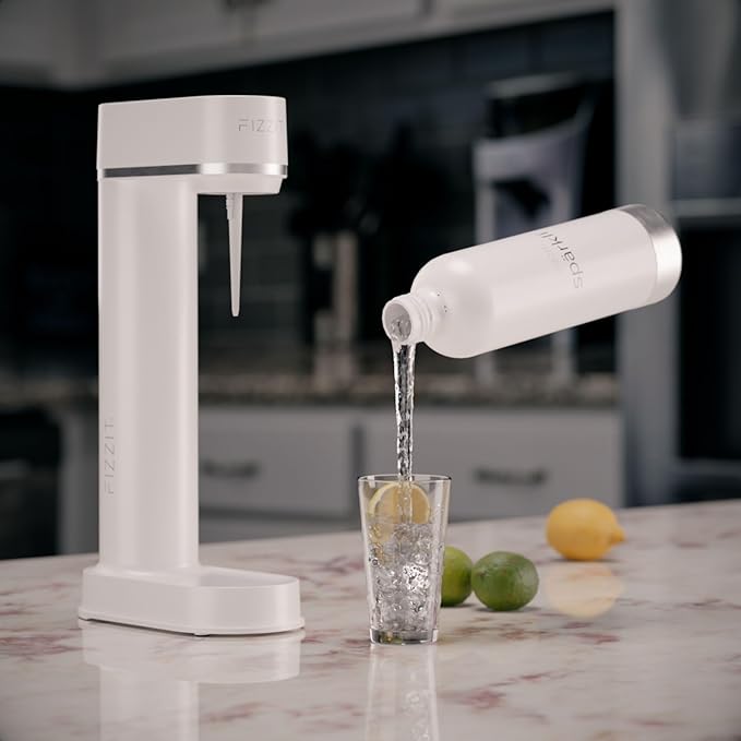 White Stainless Steel Sparkling Water Maker with 2 CO2 Cylinders & 1L Reusable Stainless Steel Bottle For Soda Makers