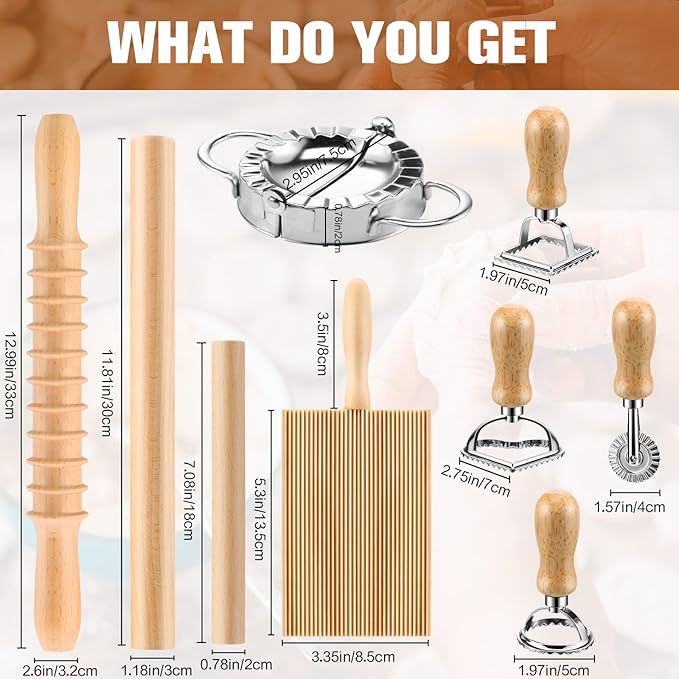9 Pcs Gnocchi Pasta Making Tools kit - Gnocchi Board, Pasta Cutter, Ravioli Stamp, Wood Threaded Pasta Roller Pin Set, Noodle and Dumplings Maker, Homemade Kitchen Gift for Pasta Lovers