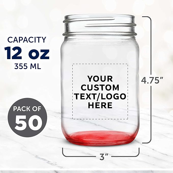 DISCOUNT PROMOS Custom Decorating Mason Jars 12 oz. Set of 50, Personalized Bulk Pack - Glass Jars for Overnight Oats, Candies, Fruits, Pickles, Spices, Beverages - Red