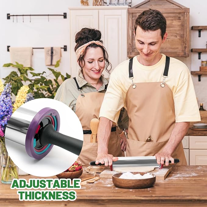 Rolling Pins,Rolling Pin and Silicone Baking Pastry Mat Set,Rolling Pins,Adjustable Stainless Steel Rolling Pin with Thickness Rings for Baking Dough,Pizza,Pie,Pasta(Red Mat)