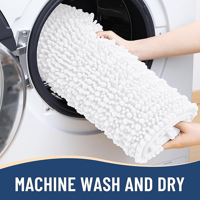 Arotive Luxury Chenille Bathroom Rug Mat, Extra Soft Thick Absorbent Shaggy Bath Rugs, Non-Slip Machine Wash Dry, Plush Bath Mats for Bathroom, Shower and Tub, 47x24, White