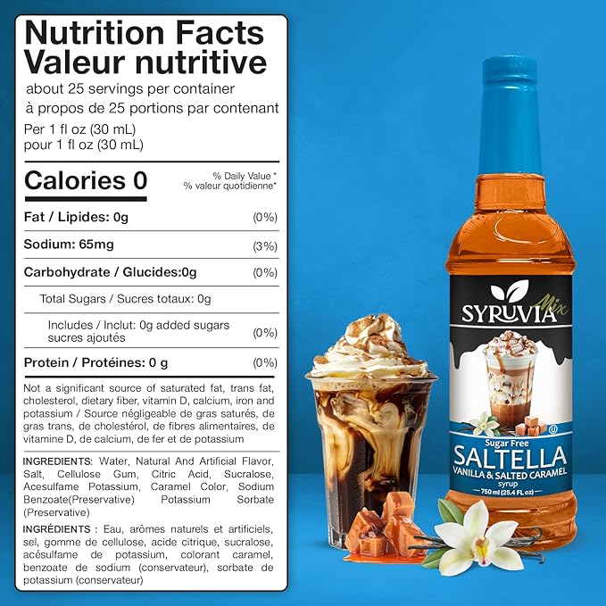 Syruvia Sugar Free Coffee Syrup, SALTELLA Syrup, Vanilla Salted Caramel Flavored Syrup for Drinks, Lattes, and Desserts – 25.4 fl oz
