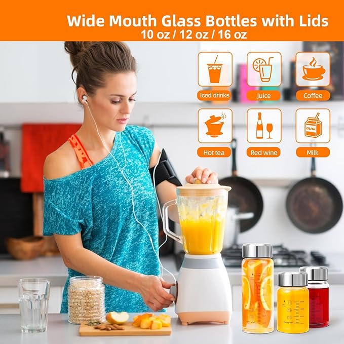 Glass Juice Bottles 10 oz - Wide Mouth Glass Water Bottles with Lids and Sleeve- for Juicing, Smoothies, Milk, Protein, Reusable, Stainless Steel Lids, Leak Proof, Shaker bottle (10oz/300ml)