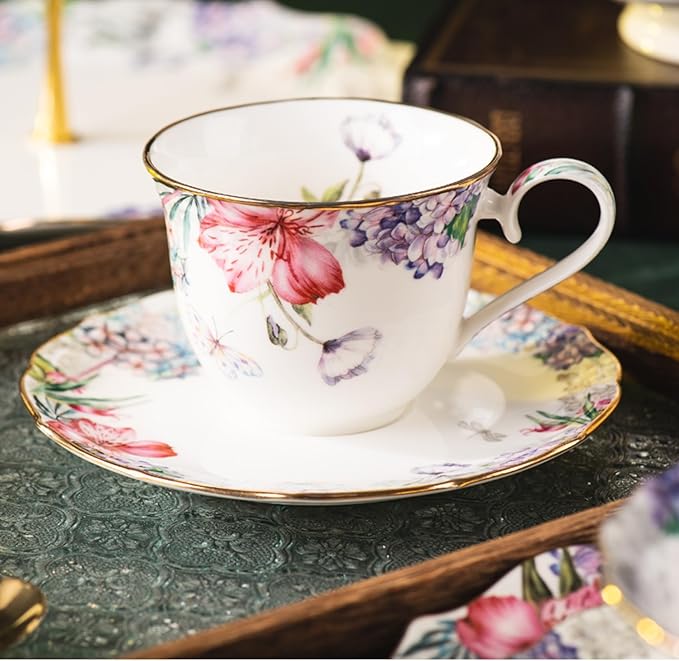 Bone China Tea Set, Vintage Floral Coffee Cups and Tea Sets, Porcelain Tea Set for Women Tea Party British, Christmas Gifts(Purple)