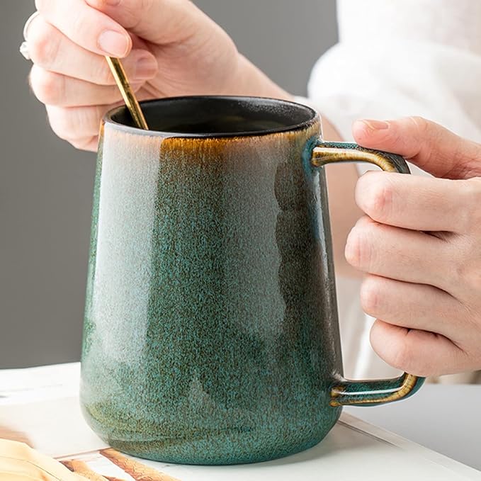 Large Ceramic Coffee Mug, 24 oz Big Tea Cup with Large Handle, Vintage Coffee Cup for Office and Home, Dishwasher and Microwave Safe, Green