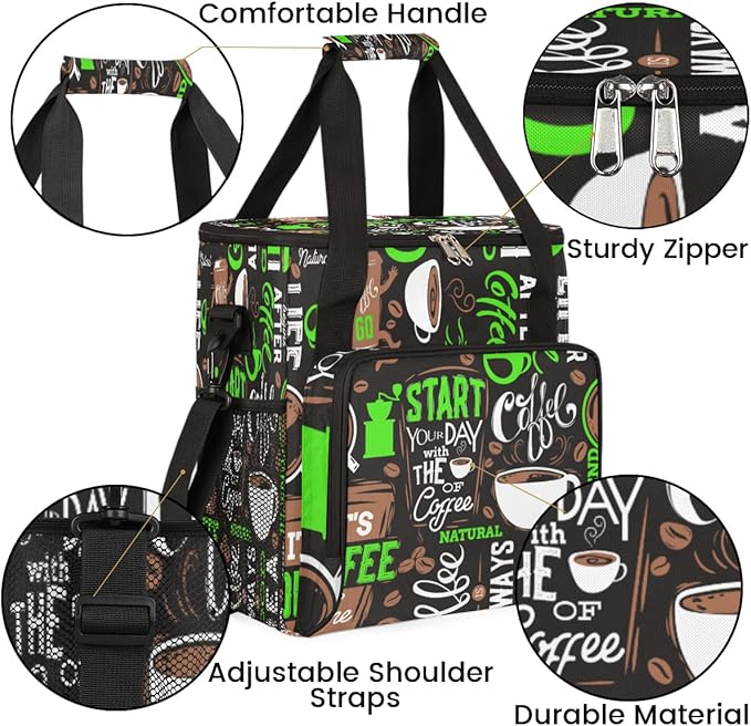 Green Start Your Day Coffee Coffee Maker Carrying Bag, Coffee Machine Travel Storage Bag Compatible with K-Mini or K-Mini Plus, Portable Single Serve Coffee Brewer Case with Pockets for K-Cup Pods