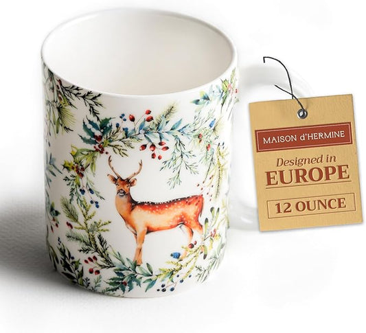 Maison d' Hermine Coffee Mug with Handles Fine Bone China Mugs Pack of One Tea Cups for Hot Beverages Cappuccino Latte Home Restaurant Office Perfect for Gift (Holly Time - Biche, 12 Ounce)