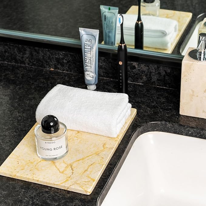 Koville Natural Marble Cutting Board for Kitchen Pastry Bread, 12" x 8" Genuine Marble Cheese Board Stone Tray for Counter, Stone Cutting Boards Bathroom Perfume Jewelry Tray for Decor(Yellow)