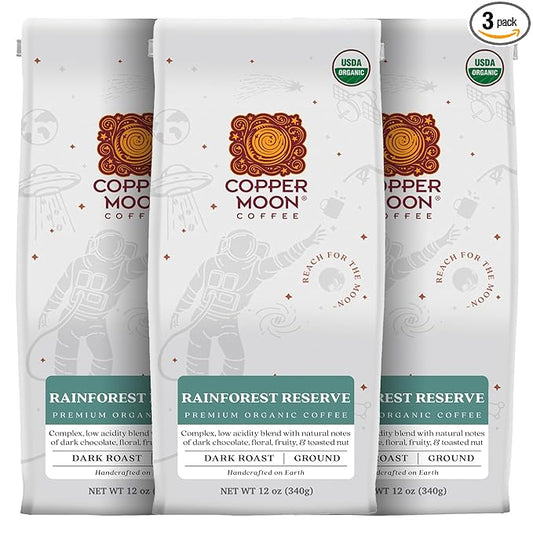 Copper Moon Ground Coffee, Organic Rainforest Reserve, Dark Roast, 3 Bags (12 oz. Each)