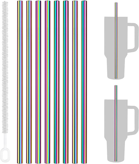 Tomorotec 8PCS Stainless Steel Straws for Stanley Tumbler 40oz, 12" Metal Straws for Stanley Cup with Brush, Reusable Drinking Straws for Smoothies, Milkshakes, Dishwasher Safe & BPA-Free (Iridescent)
