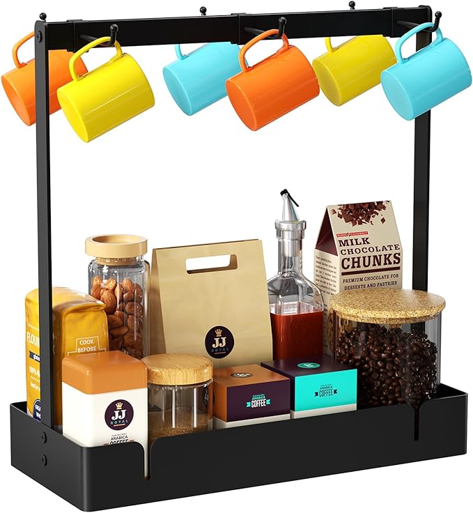 Coffee Mug Holder with Movable Hooks, 6-Mug Capacity Countertop Coffee Cup Rack with Storage Base
