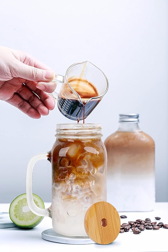 ANOTION Mason Jar with Lid and Straw, 24 oz Regular Mouth Mason Jars with Handle Drinking Glasses Tumbler Reusable Cups Smoothie Water Bottles for Iced Coffee (Classic 2 cups Style)