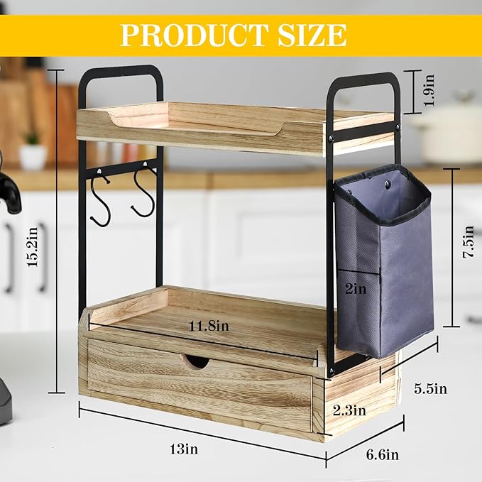 Coffee Station Organizer for Counter, Condiment Storage Caddy for Kitchen with Hooks and Bag,2 Tier Wooden Shelf for Coffee Bar Accessories,Coffee Bar Organizer for Kitchen, Home, Office-Brown