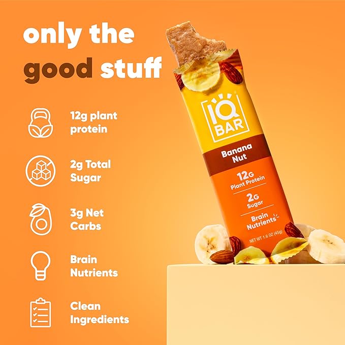 IQBAR Brain and Body Plant Protein Bars Banana Nut 12 Count - Keto, Vegan, Low Carb, High Fiber, Gluten Free, Dairy Free, Low Sugar Snack