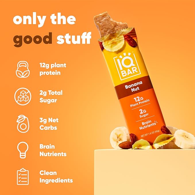 IQBAR Brain and Body Plant Protein Bars - Banana Nut - 36-Count - Keto, Vegan, Low Carb, High Fiber, Gluten Free, Dairy Free, Low Sugar Snack with Nutrients for Focus, Energy, Meal Replacement