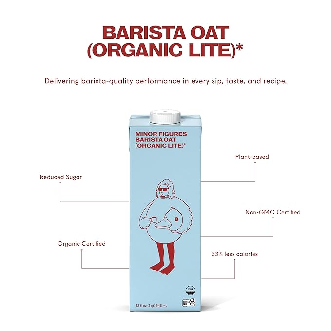 Minor Figures - Organic, Light Oat Milk, Barista Quality, 32 Fl oz, Dairy-Free & Vegan, No Added Sugar, Long Shelf Life, 1 pack)