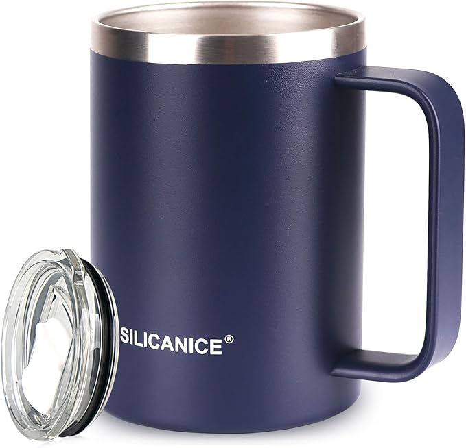 14 oz Stainless Steel Vacuum Insulated Tumbler with handle & MacSlider Lid, Dishwasher Safe & Spill Proof Coffee Cup, Travel Mug for Hot/Cold Drinks, Durable Design - Navy
