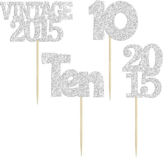 Gyufise 24Pcs 10th Birthday Cupcake Toppers Glitter Ten Vintage 2015 Hello 10 Years Birthday 10 Cupcake Picks Double Digits Cake Decorations for Happy 10th Birthday Anniversary Party Supplies Silver