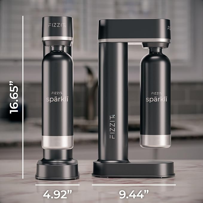 Stainless Steel Black Sparkling Water and Soda Maker Machine with 3 Black Stainless Steel 1L Re-Usable Bottle