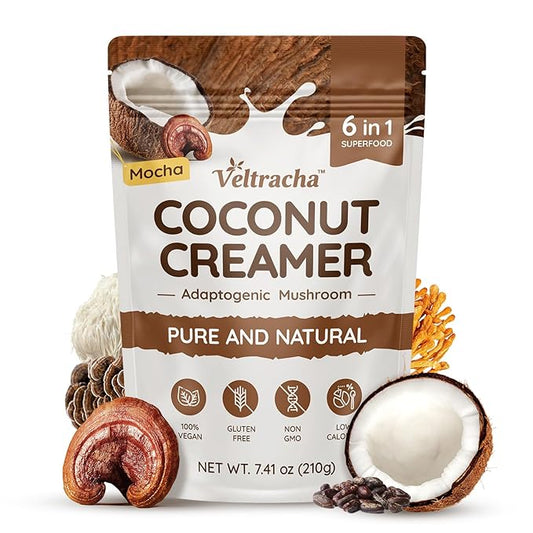 Veltracha Mushroom Coffee Creamer, Superfood Coconut Creamer Powder with 6 Adaptogenic Mushrooms - Reishi, Turkey Tail, Lions Mane, Non-Dairy Coconut Powdered Creamer for Energy & Focus & Digestion, 30 Servings, Mocha