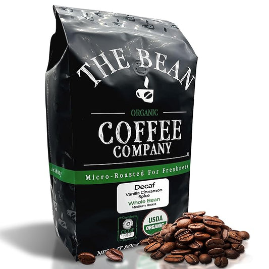 The Bean Organic Coffee Company Water Processed DECAF Vanilla Cinnamon Spice, Medium Roast, Whole Bean Coffee, 5-Pound Bag