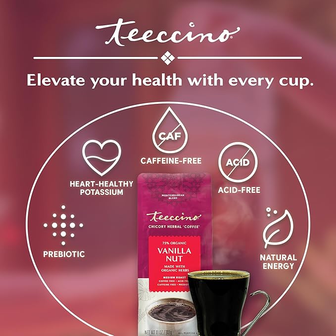 Teeccino Vanilla Nut Chicory Coffee Alternative - Ground Herbal Coffee That’s Prebiotic, Caffeine Free & Acid Free, Medium Roast, 11 Ounce (Pack of 6)