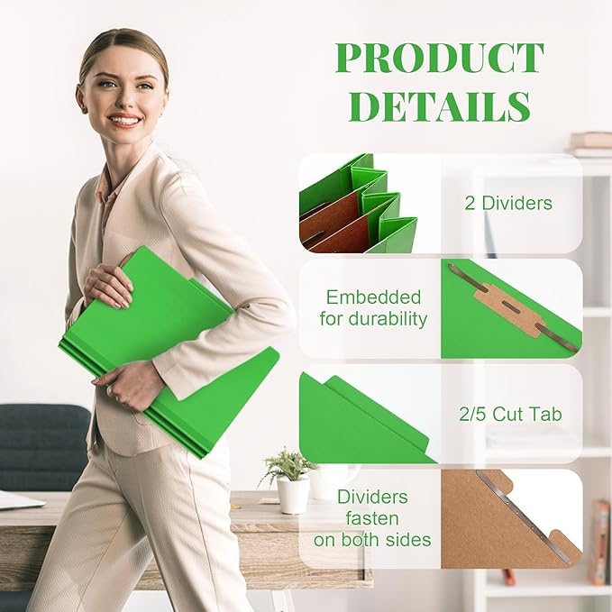 60 Pcs Classification Folders Letter Size, 2 Divider Pressboard File Folders with 3. 5 Inch Expansion, 2 Prongs Fastener, Heavy Duty Office File Organizers for Teachers, Medical (Green)