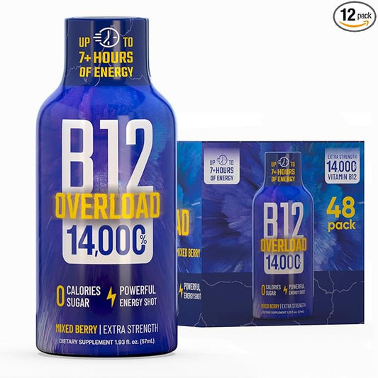 B12 Overload Extra Strength Energy Shot – Mixed Berry – 260mg Caffeine, 14000% B12, Electrolytes – Energy & Vitality Support – Zero Sugar No Calories – Vegan, Kosher, Gluten-Free – 1.93 fl oz, 48-Pack