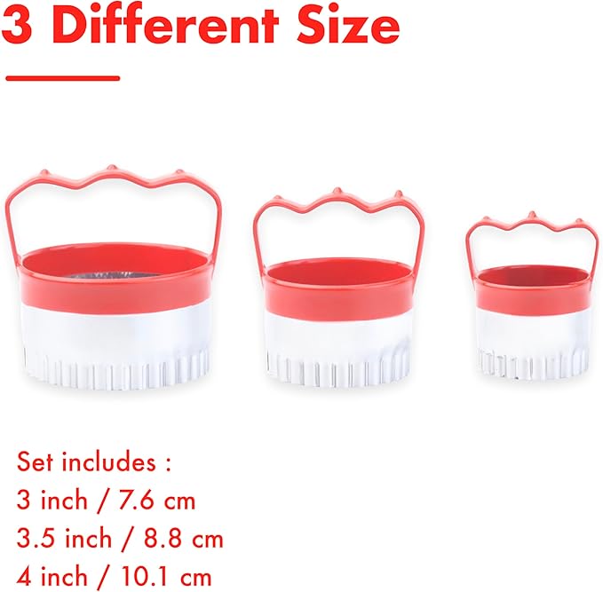 3 Pcs Fluted Round Biscuit Cutters with Handle 3" 3.5" 4", Scalloped Biscuit Cookie Cutter Set, 0.4mm Stainless Steel, 2-Inch Deep Design