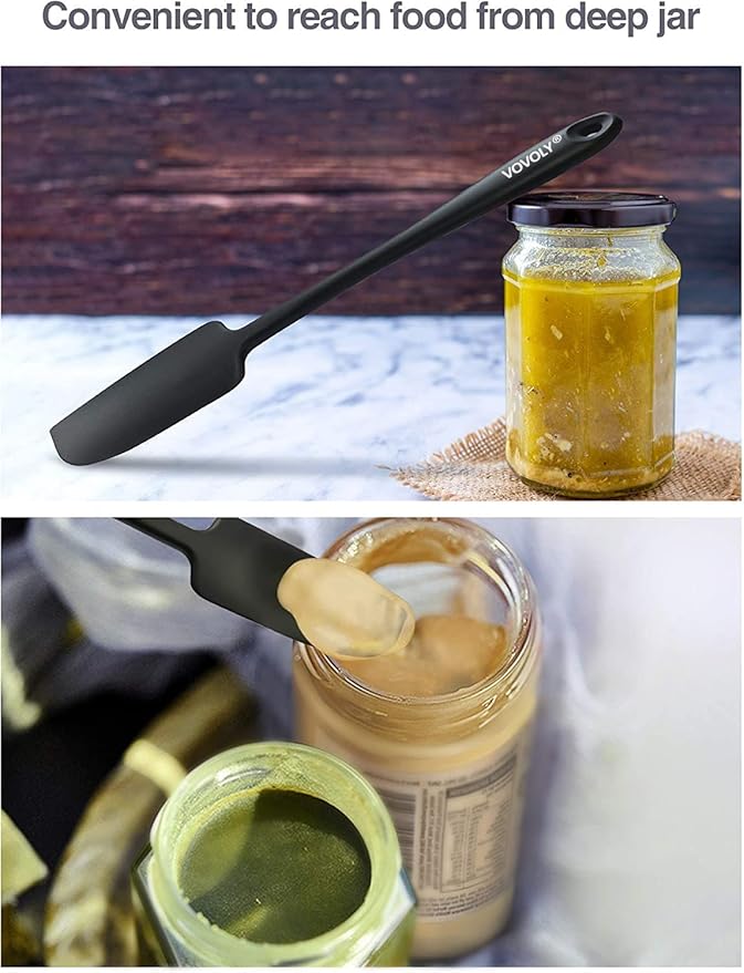 2-Pack Vovoly Silicone Jar Spatulas, Small Seamless Design Rubber Scraper with Stainless Steel Core, Heat Resistant and Non-Stick Mini Spatula for Jars and Blenders, BPA Free,11 IN, Black