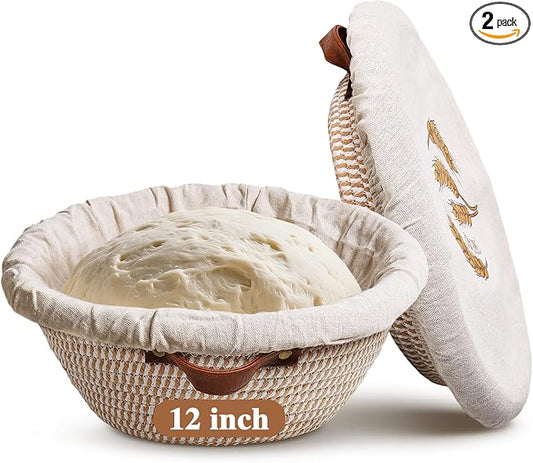 12 Inch Large Cotton Rope Banneton Bread Proofing Basket Set, 2 Pack Round Sourdough Bread Baking Supplies with Liners & Covers for Artisan Bread Baking