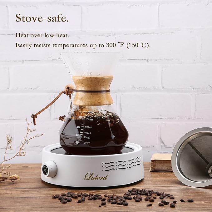 Pour Over Coffee Maker with Stainless Steel Filter, 20 oz Borosilicate Glass Coffee Carafe, Wooden Collar, Coffee Maker Carafe, Hold 3-4 Cups, 600 ml, Clear