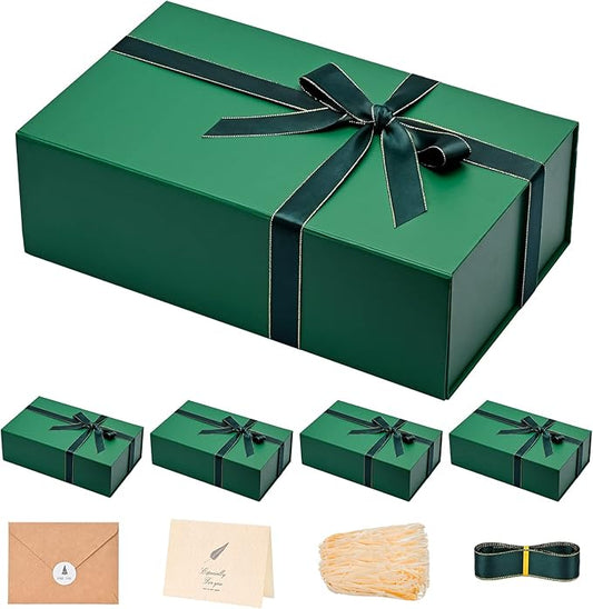 LIFELUM 5 Pack Boxes - Large Green Boxes of Gifts 13.8 x 8.5 x 4.5 Inch with Strong Magnetic Lid, Contains Card, Ribbon, Filler, Sticker